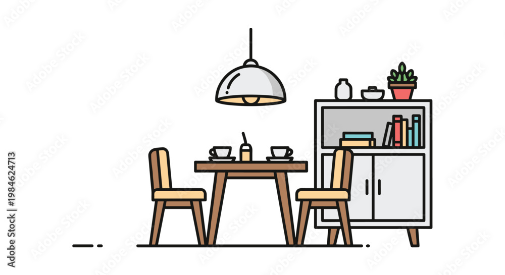 Fototapeta premium Minimalist dining nook interior displays a wooden table, two chairs, and a white cabinet with open shelves, softly illuminated by a modern pendant lamp.