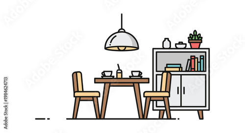 Minimalist dining nook interior displays a wooden table, two chairs, and a white cabinet with open shelves, softly illuminated by a modern pendant lamp.