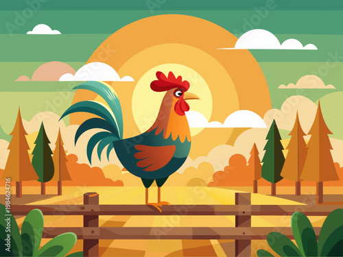 Rooster standing on fence at sunrise farm landscape