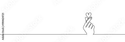 Continuous one line heart love hand korean finger icon care. Korean heart sign one line self valentine vector doodle symbol outline drawn art day drawing illustration print trend logo k gesture happy.