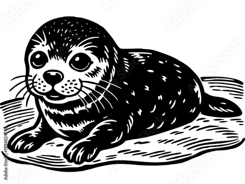 Black and white seal pup lying on textured surface illustration