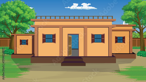 Grunge background illustrator a cartoonstyle illustration of a small orange house with brown trim and a blue sky background