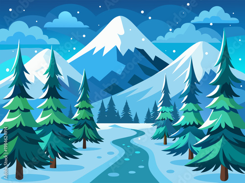 Evergreen trees framing snowy path toward mountain summit