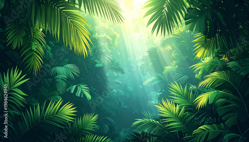 Palm layers surrounding airy center beneath gentle luminous haze. Verdant retreat visual suited hotel brochure advertising. Moist equatorial habitat expressing tranquil luxury mood