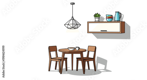 Minimalist dining area features a round wooden table, two chairs, and a wall-mounted wooden cabinet with decorative items, illuminated by a geometric pendant lamp.