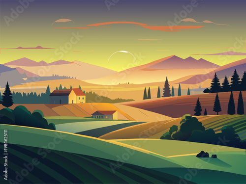 Rural farmland rolling hills with houses at sunrise horizon
