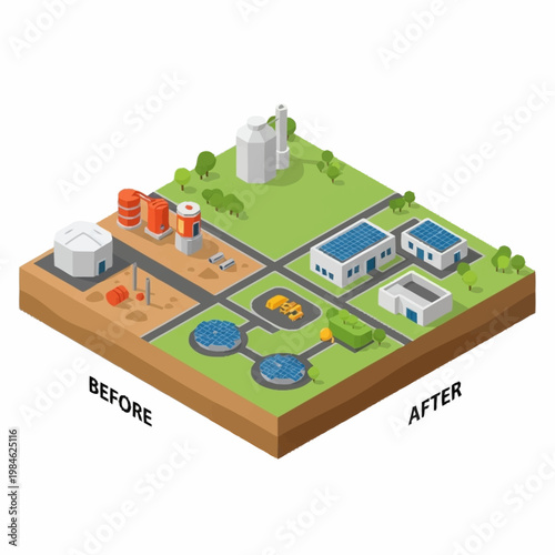 Industrial site before and after environmental upgrade illustration.