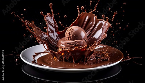 Chocolate dessert splashing on white plate.