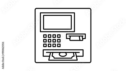Minimalist black line vector icon of an automated teller machine (ATM) on a white background, featuring a screen, keypad, credit card slot, and cash dispenser with a banknote illustration.