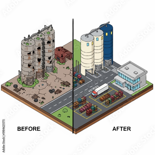 Industrial site before and after renovation and modernization.