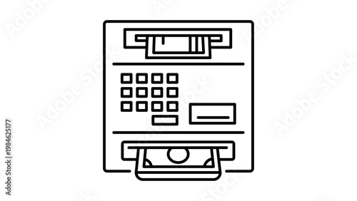 Minimalist black line vector icon illustration of an automated teller machine (ATM) on a white background, featuring a keypad, card slot, and cash dispenser with a banknote, scalable graphic.