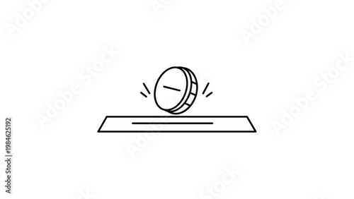 Minimalist black line vector icon illustration of a coin being inserted into a slot, representing savings, payment, or donation. Hand-drawn outline on white background for finance and business.