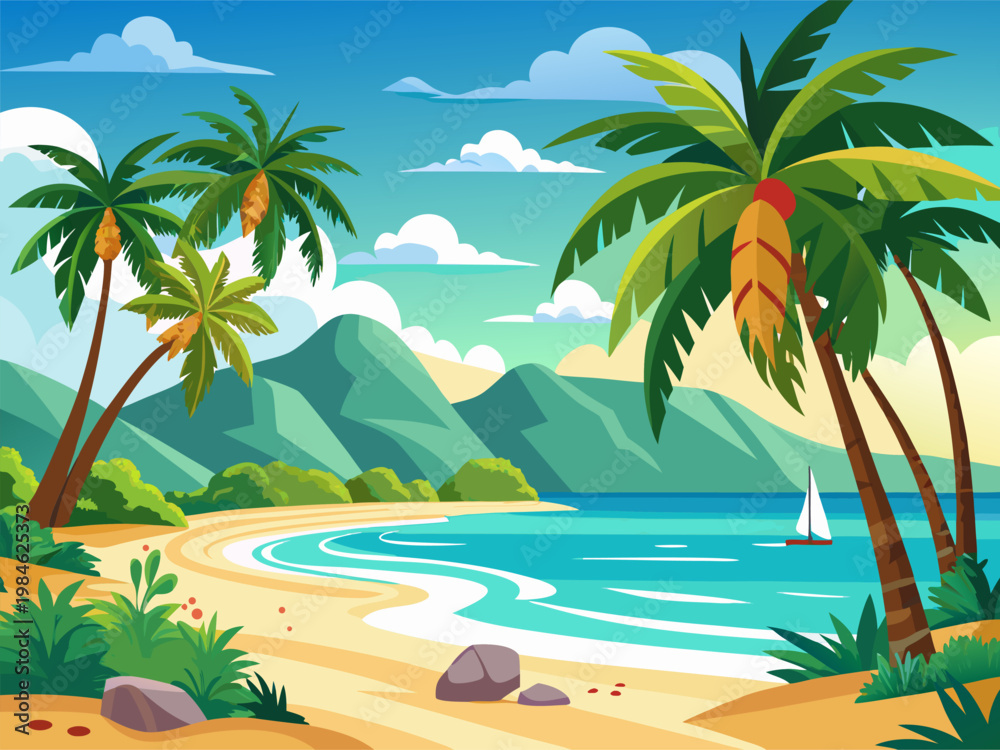 Obraz premium Palm trees framing calm bay on tropical sandy beach