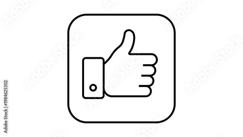 Minimalist black line vector icon of a thumbs-up hand gesture inside a rounded square frame, representing social media like, approval, success, and positive feedback, isolated on white background.