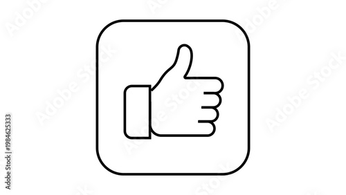 Minimalist black line vector icon of a thumbs-up gesture inside a rounded square frame on a white background. This scalable illustration represents approval, social media likes, and positive feedback.