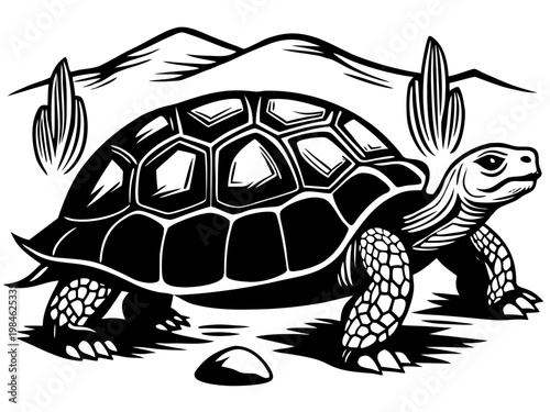 Tortoise moving through arid terrain with distant mountains