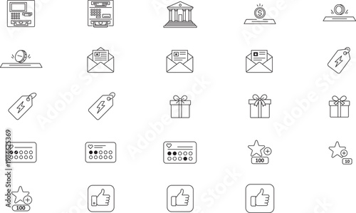 Minimalist Black Line Vector Icon Set of 24 Hand-Traced Icons for Business and Finance, Including Bank, ATM, Gift Box, Loyalty Card, Newsletter, Flash Sale Tag, Thumbs Up, and Reward Points.
