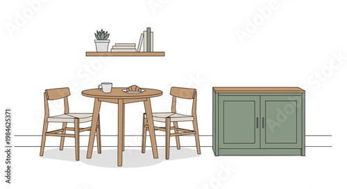 Charming dining area arrangement showcases a round wooden table, two chairs, a stylish green wooden sideboard, and a wall shelf adorned with books and a potted plant.