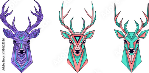 Geometric Deer Head Illustration Set with Vibrant Colors and Abstract Patterns for Nature, Wildlife, and Modern Art Designs
