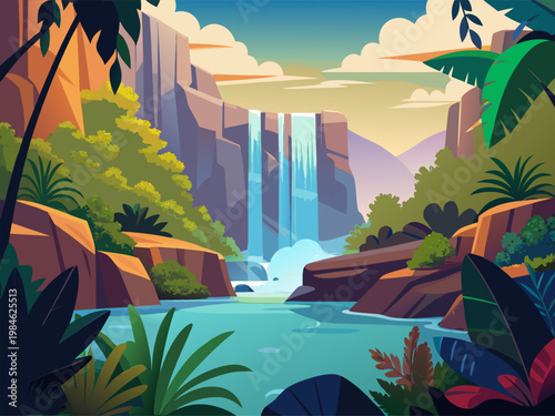 Waterfall flowing into forested gorge with river pool