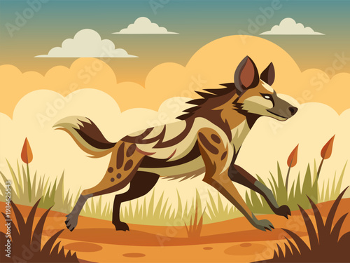 Wild dog running across grassy plain at sunset scene