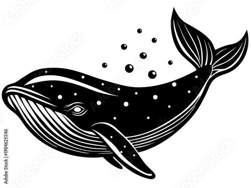 Whale gliding with bubbles in white minimalist background