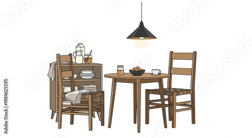 Rustic dining area setup features a round wooden table, two chairs, and a wooden cabinet filled with dinnerware and kitchen linens, under a simple pendant lamp.