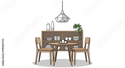Stylish dining area showcases a round wooden table, two chairs, and a wooden cabinet with open shelves displaying dinnerware, all under a geometric pendant lamp.