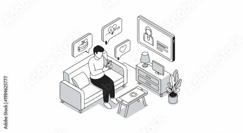 Isometric Illustration of Man Using Telehealth App for Remote Medical Consultation and Digital Healthcare Monitoring at Home