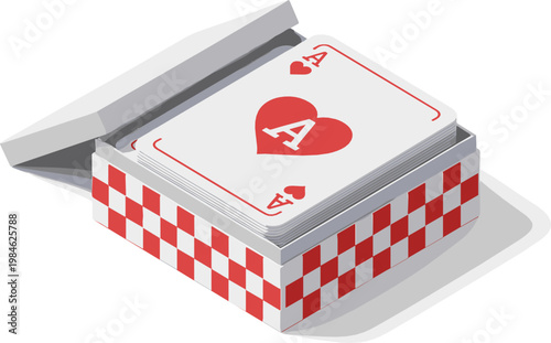 Ace of Hearts Playing Cards Box Illustration with Red and White Checkerboard Pattern for Card Games and Gambling