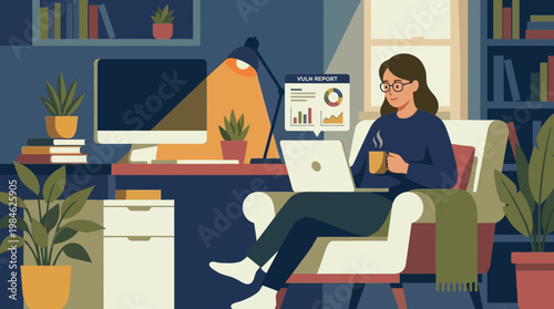 Woman Reviewing Cybersecurity Vulnerability Report at Home