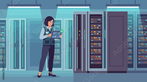 IT Technician Monitoring Server Racks in a Modern Data Center