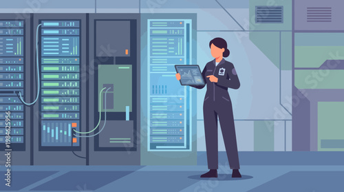 IT Specialist Managing Data Center Server Room Illustration