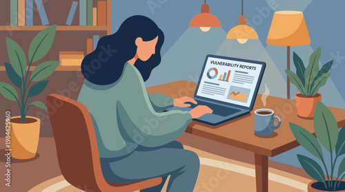 Woman Working on Cybersecurity Vulnerability Reports at Home Office