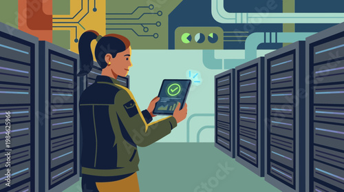Female IT technician monitoring server data on tablet in data center