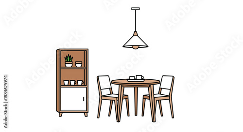 Simple dining area design showcases a round wooden table, two chairs, and a tall wooden cabinet with shelves and a bottom compartment, under a modern pendant lamp.
