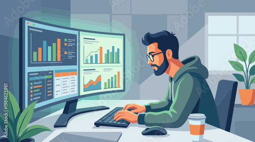 Professional Data Analyst Reviewing Business Charts on Dual Monitors