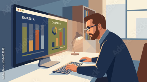 Data Analyst Examining Business Statistics on Computer Screen