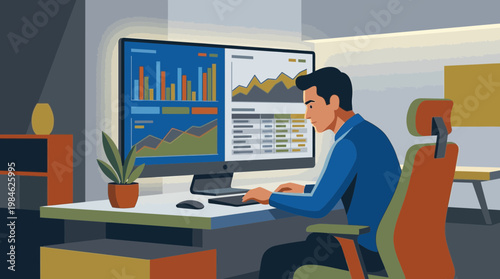 Man analyzing business data on computer monitor in flat illustration