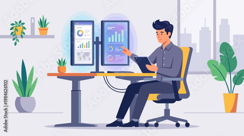 Businessman analyzing data on dual monitors in modern office