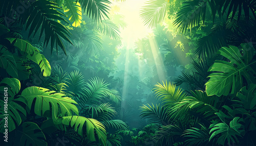 Monstera accents beside palms above shaded ravine vista. Refreshing greenery artwork suited wellness package promotion. Secluded jungle composition conveying premium leisure appeal