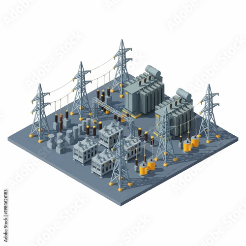 Miniature Electrical Substation Model with Transformers and Power Lines.