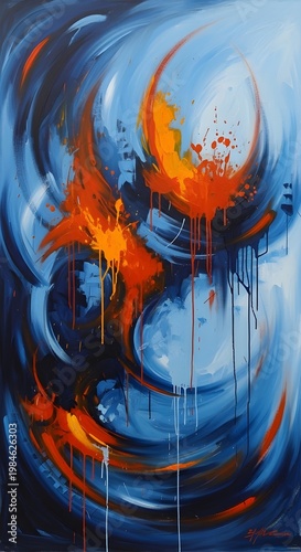 Dynamic Abstract Oil Painting with Blue Swirls and Bold Orange Paint Splashes