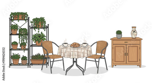 Charming outdoor balcony setup showcases a round table with a checkered cloth, two wicker chairs, hot beverages, croissants, and numerous potted plants on shelves.