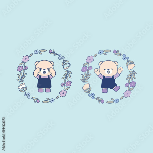 Minimalist flat vector illustration set of a simple character going through morning routines like waking up getting out of bed and stretching on a white background.