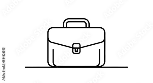 A simple line drawing of a briefcase sits on a surface in a minimalist style workplace setting with a handle and buckle.