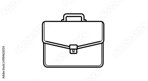 A minimalist line drawing of a briefcase sits on a clean surface in an office environment from a front viewpoint.