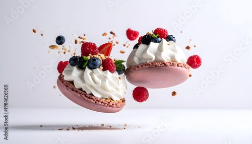 Delicious pink macarons with whipped cream and berries floating in mid-air.