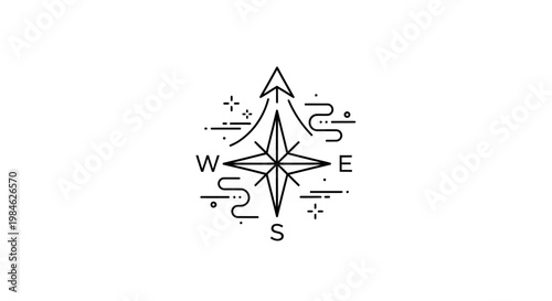 An illustration of a navigation compass with directional lines and symbols on a plain surface in a graphic design style now whisks generated for travel reference.
