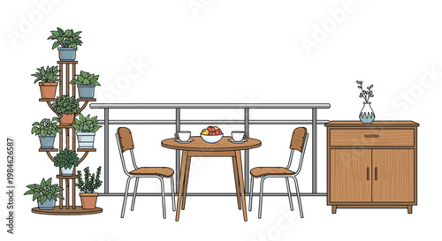 Cozy balcony setting features a round wooden table with two chairs, fruit, coffee, potted plants on a tiered stand, and a wooden storage cabinet.